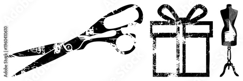 Black and white distressed scissors for cutting, gift box for presents, mannequin for fashion. Graphic symbols for crafting, gifting, and design.