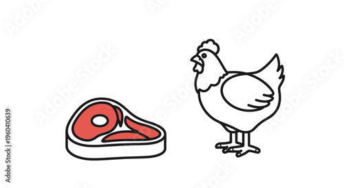 Raw Steak and Live Chicken: Meat Production and Farming Concept