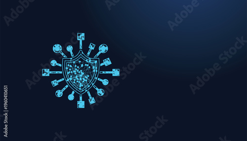 Futuristic blue shield symbolizes digital data protection and strong network security.