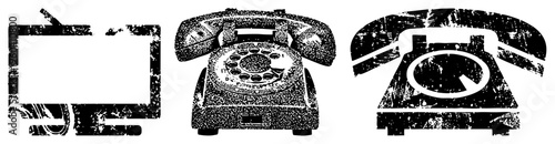 Retro rotary phone, classic TV set, distressed, vintage communication devices, analog technology symbols, nostalgic tech illustrations.