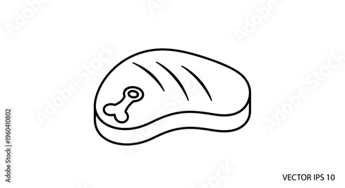 Raw Steak with Bone Icon, Simple Line Art, Isolated on White Background