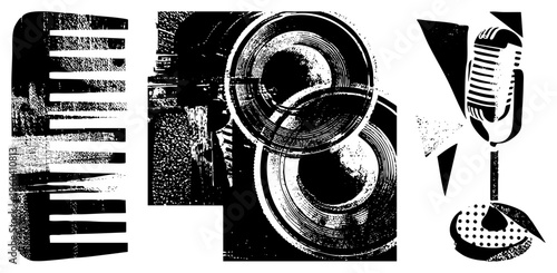 Retro microphone on stand, film camera lens, vintage hairbrush, vector art, graphic design elements, stylized, black and white illustration.