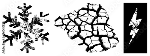 Stylized snowflake with scratch texture, cracked earth terrain, jagged lightning bolt all in vector art with distressed effects.