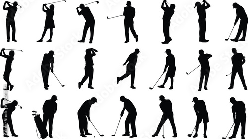 Twenty dynamic golf player silhouettes in action poses, showcasing swings, stances, walking, and equipment for sports, lifestyle, and instructional design.