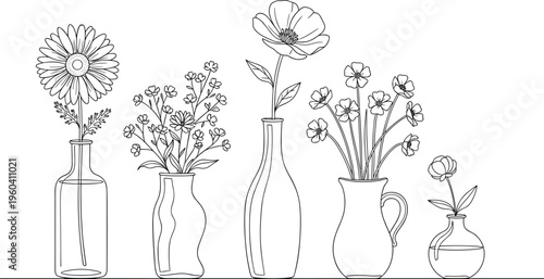 Flower vase silhouettes with daisy, poppy, bouquet arrangements, vector illustration for design, artwork, botanical themes