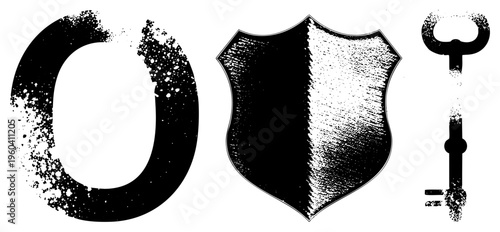 Stylized black vector glyphs with distressed halftone texture letter O, shield, vintage key ideal for logo or emblem design, graphic illustration, or UI elements with gritty aesthetic.