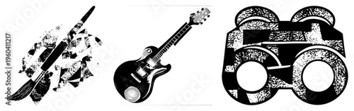 Electric guitar with worn texture, halftone print style, artistic brush strokes, music instrument, retro design, stylized vector art, black and white graphic.