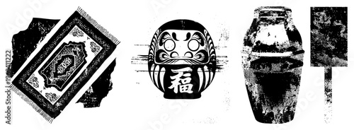 Japanese daruma doll featuring "福" character, paired with ornate textile and ceramic jar, halftone vector style, cultural symbolism, isolated foreground elements.