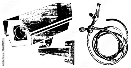 Surveillance camera with mounting bracket, coiled security with tie, security system components, monitoring equipment, black and white vector graphic.