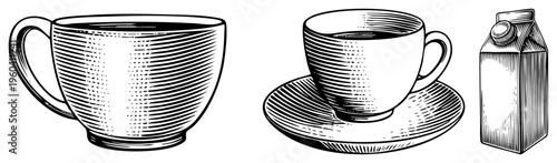 Classic tea set with cup, saucer, and milk carton rendered in halftone hatching, vintage engraving style, vector illustration.