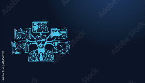 Conceptual glowing businessman connected to multiple digital data screens illustrates technology