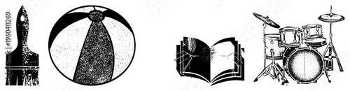 Black and white halftone vector paintbrush, beach ball, open book with crackle, drum set. Graphic design elements with dot texture.