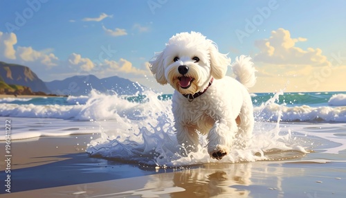 A white dog running on the beach with waves and mountains