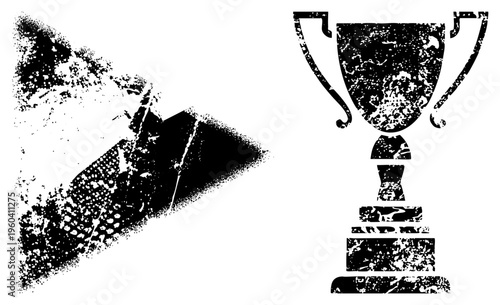 Retro cinema award symbol and movie reel graphic, halftone print style, film industry, motion recognition, classic entertainment trophy.