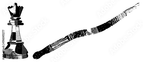Black and white vector graphic of chess king and didgeridoo with halftone shading, cultural symbolism, strategic art, isolated foreground elements, artistic contrast.