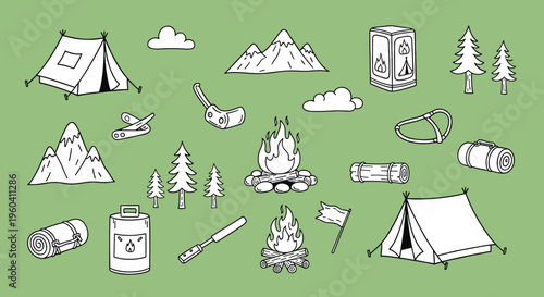 A serene illustration of camping essentials and mountain scenery, evoking a sense of adventure and connection with nature.