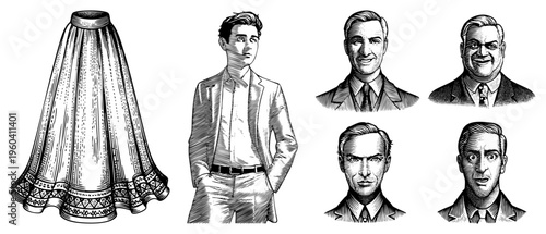 Classic halftone engraving flared skirt with ethnic trim, full body male in suit, five male headshots art for graphic/ use.