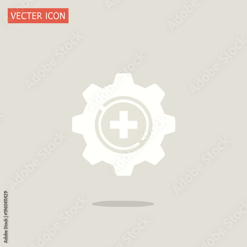 White gear with plus symbol in a circle, abstract concept