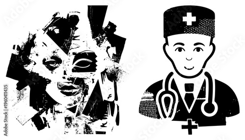 Collaged fragmented face portrait, medical doctor, halftone texture, graphic design, black and white illustration, stylized human figure, healthcare symbol.