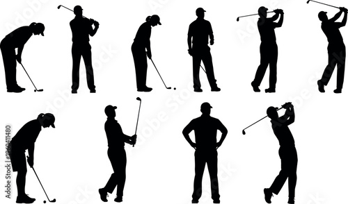 Golf player silhouette icons vector illustration with black design, sports swing symbol artwork, athletic concept element