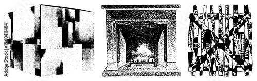 Cubic forms rendered in halftone dot matrix, abstract geometry, vector art, graphic design element, stylized 3D blocks.