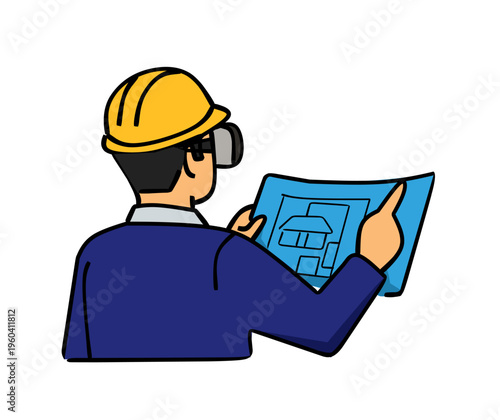 A professional engineer wearing a yellow safety helmet and virtual reality goggles reviews a house blueprint in this flat design illustration on a white background.