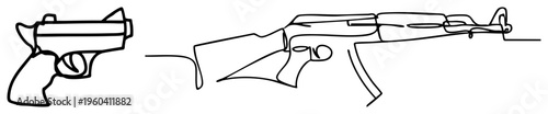 Vector sketch of handgun and rifle, continuous art, firearm silhouettes, military and law enforcement equipment, flat style, isolated foreground.