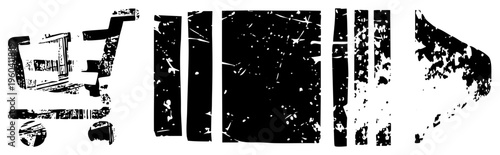 Distressed shopping cart symbol, pixelated typography,, e commerce graphic, digital storefront, retail vector, abstract glyph.