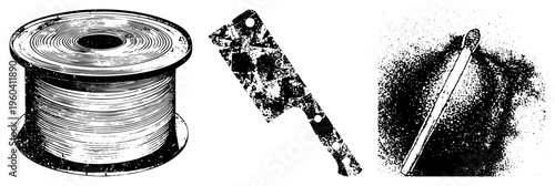 Vector halftone illustration of a wire spool, cleaver, and matchstick, each with distinct textures and shapes. Industrial, graphic,, isolated elements.
