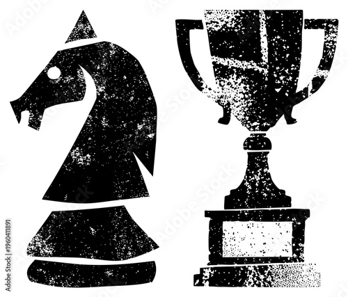 Black silhouette chess knight and trophy, strategy victory symbols, game achievement, competitive success, game piece trophy, graphic, strategic win emblem.
