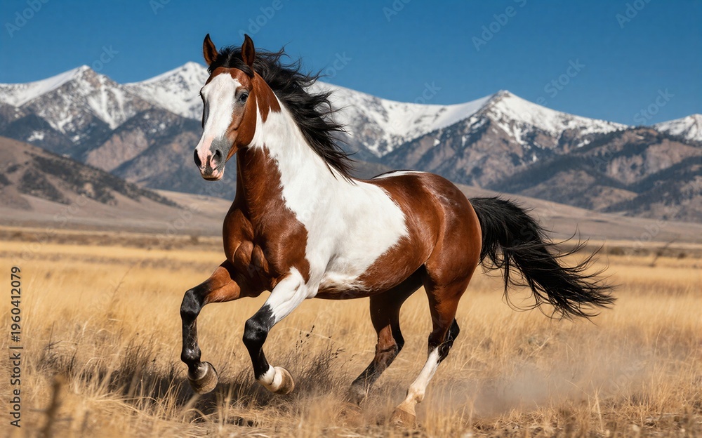 Obraz premium A brown and white horse gallops freely across a golden field with
