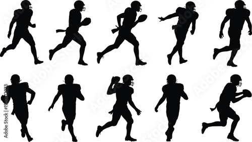 Vector silhouettes of American football players in motion holding ball, running, passing, catching, tackling, and dynamic sports action illustration design.