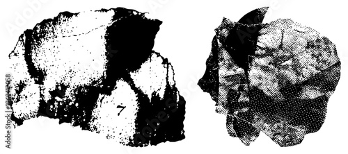 Rugged stone fragments rendered in halftone, archaeological artifacts, ancient relics, textured rock samples, dotted shading technique, geological specimen.