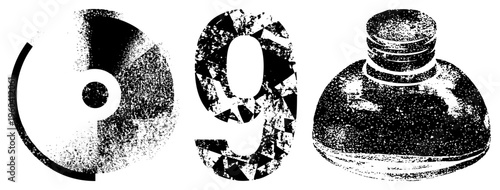Stylized halftone vector circular motif, fragmented numeral nine, textured inkwell bottle., grainy texture, graphic design elements.