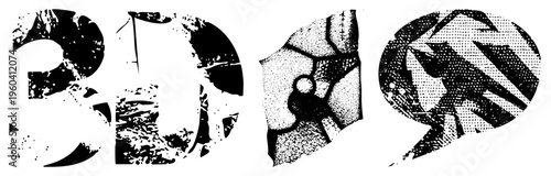 Stylized letterforms rendered in halftone dots, distressed texture, graphic design, vector art, bold typography, gritty aesthetic, retro print style.