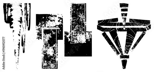 Black and white vector abstract forms with grunge texture, distressed edges, fragmented geometry, isolated graphic elements, modern art composition.
