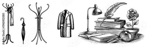 Classic coat stand holding, ornate umbrella, elegant overcoat, vintage study scene with lamp, books, quill, potted flower, magnifying glass. Retro scholar’s desk setup.
