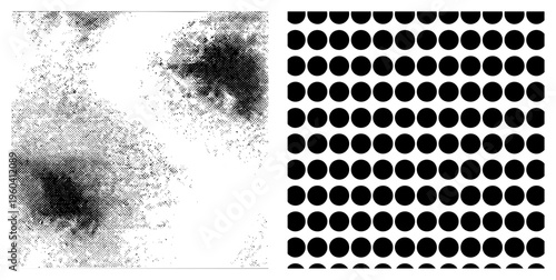 Vector graphic displaying halftone texture and repeating circular grid,, graphic design element, digital art, abstract composition.