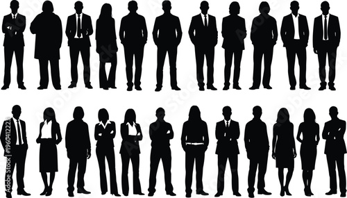Business professional silhouettes in corporate attire, standing poses with folders, vector illustration for artwork, design, workplace themes