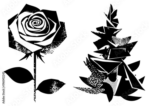 Stylized rose with halftone texture and geometric tree with fragmented shapes, vector art, design, graphic illustration.