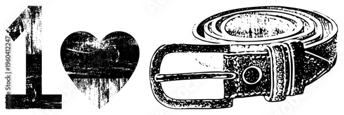 Distressed black vector featuring numeral one, heart symbol, and leather belt buckle with textured grain, ideal for urban design or vintage branding.