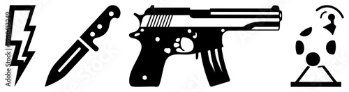 Vector depicting lightning bolt, knife, handgun, and bomb all in solid black silhouette style, isolated on transparent background, for UI or safety graphics.