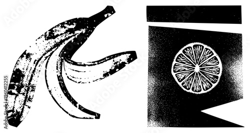 Black and white vector illustration of banana and lime slice, halftone texture, graphic design element, fruit, food symbol, minimalist art.