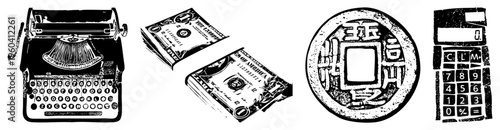 Classic typewriter keys, US currency notes, Chinese ancient coin, retro calculator, black and white vector, financial and historical symbols.