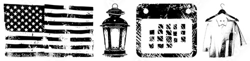 Weathered black and white symbols including stars and stripes flag, ornate lantern, calendar grid, hanging shirt all with gritty texture and distressed edges.