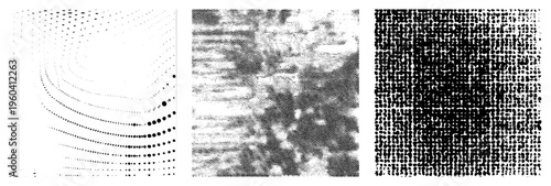 Dot matrix gradients forming tonal transitions, halftone printing technique, analog to digital texture simulation, graphic design element, screen printing effect.