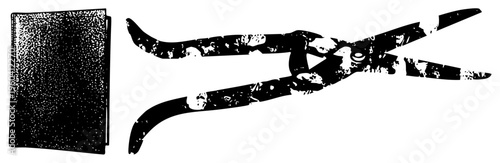 Pair of ornate garden shears with textured grip, alongside a speckled notebook, ideal for horticulture, sketching, or journaling. pruning tool, design journal, garden planner.