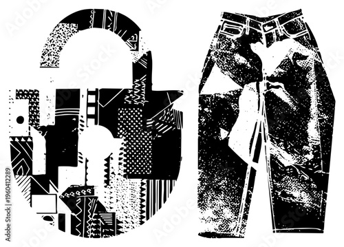 Graphic design featuring abstract geometric shapes and textured denim pants, halftone style, vector art, fashion illustration, black and white, elements, urban aesthetic.