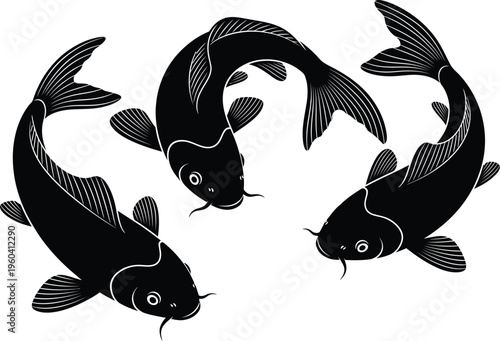 Koi fish silhouette set in circular motion, black and white Japanese carp illustration, yin yang style aquatic design for tattoo, logo, feng shui and decoration