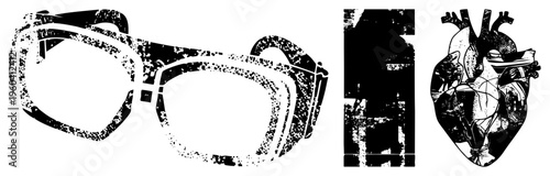Safety goggles with distressed texture, human heart anatomy, abstract black grunge blocks vector illustrations with halftone grain, medical and industrial themes.